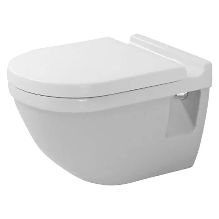 Duravit Starck 3 Wand-WC - Mit Spülrand, Mit schmutzabweisender Glasur, Spülform: Tief, WC Abgang: Waagerecht, Weiß, Sichtbar - Nahaufnahme einer wandhängenden Toilette, die ein modernes, platzsparendes Design und eine saubere Ästhetik bietet.