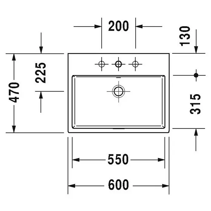 Duravit Vero Air Waschtisch - 60 x 47 cm, Mit schmutzabweisender Glasur, Hahnloch: Mitte, Mit Überlauf, Weiß, Geschliffen - Technische Zeichnung eines Duravit Waschtisch Vero Air mit Maßen. Dient als Planungs- und Montagegrundlage für Installateure und Architekten.
