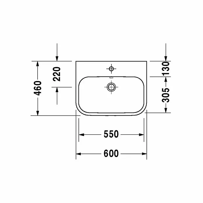 Duravit Happy D.2 Aufsatzwaschbecken - 60 x 46 cm, Mit schmutzabweisender Glasur, Hahnloch: Mitte, Mit Überlauf, Weiß - Technische Zeichnung eines Waschtischs mit Maßangaben für Installation und Design.