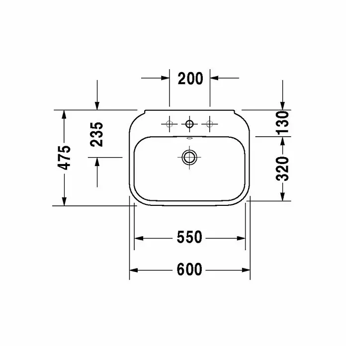 Duravit Happy D.2 Waschtisch - 60 x 47,5 cm, Ohne Spezialglasur, Hahnloch: Mitte, Mit Überlauf, Weiß, Ungeschliffen - Draufsicht auf ein rechteckiges Waschbecken mit abgerundeten Ecken und Maßangaben.
