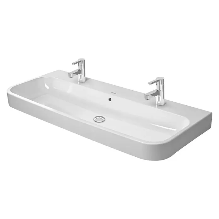 Duravit Happy D.2 Doppelwaschtisch - 120 x 50,5 cm, Ohne Spezialglasur, Anzahl Hahnlöcher: 2, Mit Überlauf, Weiß, Geschliffen - Ein elegantes, längliches Waschbecken aus weißer Keramik mit zwei Chromarmaturen, das ein modernes Badezimmerdesign ausstrahlt.