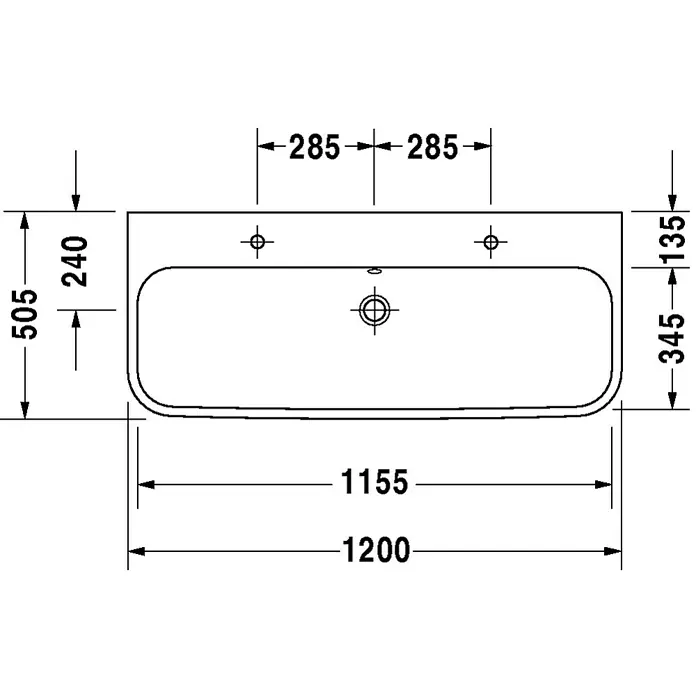 Duravit Happy D.2 Doppelwaschtisch - 120 x 50,5 cm, Ohne Spezialglasur, Anzahl Hahnlöcher: 2, Mit Überlauf, Weiß, Geschliffen - Draufsicht des Waschtischs mit Bemaßung: 1200 mm breit und 505 mm tief. Inklusive Maße für Beckenposition und Befestigungspunkte.