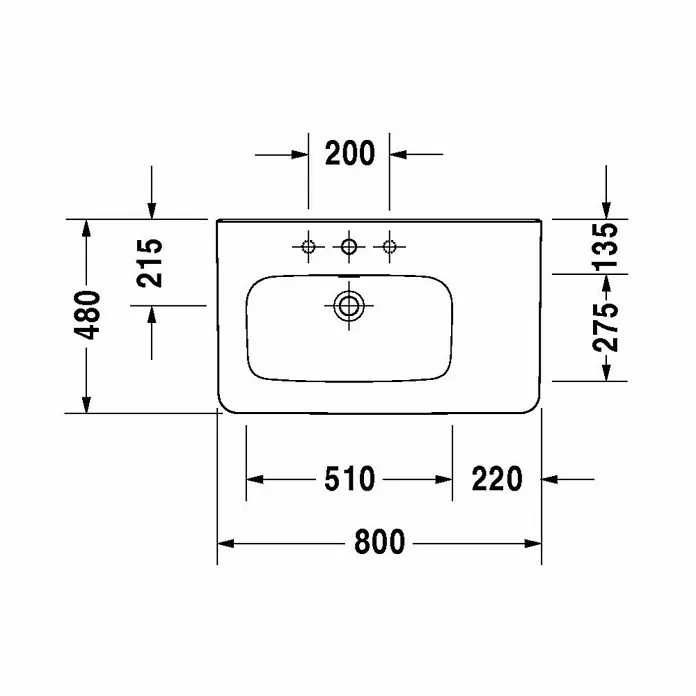 Duravit DuraStyle Waschtisch - 80 x 48 cm, Ohne Spezialglasur, Hahnloch: Links, Mit Überlauf, Weiß - Technische Zeichnung eines Waschbeckens mit Maßen.