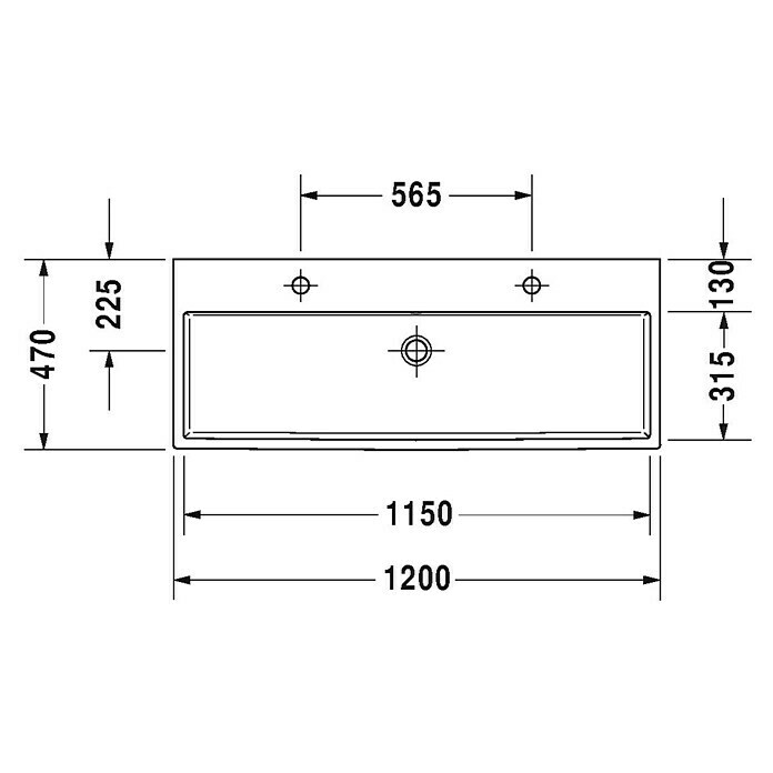 Duravit Vero Air Doppelwaschtisch120 x 47 cm, Mit schmutzabweisender Glasur, Hahnloch: Mitte, Ohne Überlauf, Weiß, Geschliffen Sketch