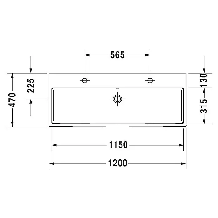 Duravit Vero Air Doppelwaschtisch - 120 x 47 cm, Mit schmutzabweisender Glasur, Hahnloch: Mitte, Ohne Überlauf, Weiß, Geschliffen - Technische Zeichnung eines Waschbeckens mit Maßangaben zur detaillierten Übersicht.