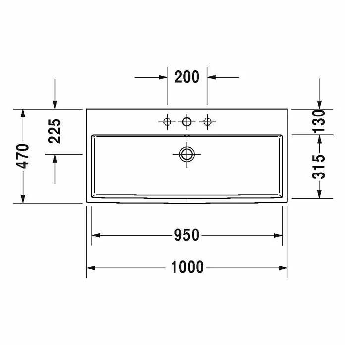 Duravit Vero Air Waschtisch - 100 x 47 cm, Ohne Spezialglasur, Hahnloch: Mitte, Ohne Überlauf, Weiß, Ungeschliffen - Technische Zeichnung eines Waschbeckens mit Maßen, die Details wie Breite, Tiefe und Armaturenpositionen zeigen.