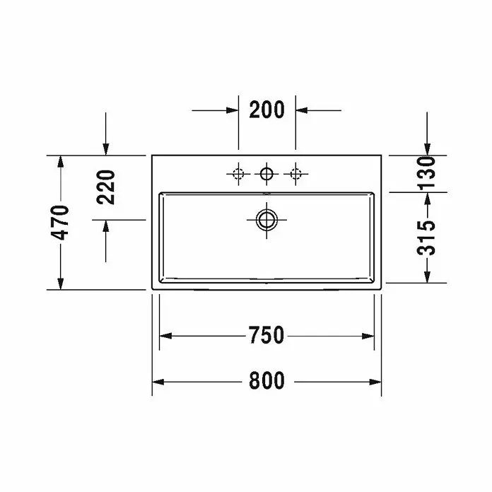 Duravit Vero Air Waschtisch - 80 x 47 cm, Ohne Spezialglasur, Hahnloch: Mitte, Ohne Überlauf, Weiß, Ungeschliffen - Draufsicht auf ein Waschbecken mit Maßangaben. Die Maße des Waschbeckens sind 800 x 470 mm, die Innenmaße sind 750 x 315 mm.