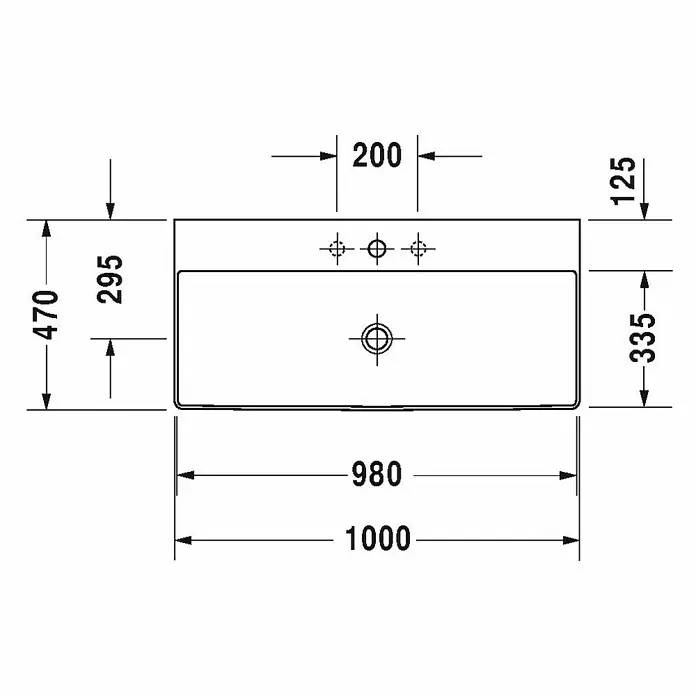 Duravit DuraSquare Waschtisch - 100 x 47 cm, Ohne Spezialglasur, Hahnloch: Ohne, Ohne Überlauf, Weiß, Geschliffen - Technische Zeichnung eines rechteckigen Waschbeckens mit den Maßen 1000 x 470 mm, die Details zu Abmessungen und Installation zeigt.