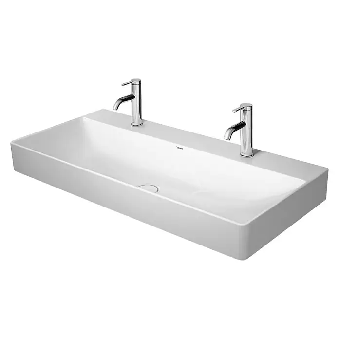 Duravit DuraSquare Doppelwaschtisch - 100 x 47 cm, Ohne Spezialglasur, Hahnloch: Mitte, Ohne Überlauf, Weiß, Ungeschliffen - Elegantes Waschbecken mit zwei Armaturen. Das schlichte Design des Duravit-Waschbeckens harmoniert perfekt mit den modernen Armaturen und fügt sich nahtlos ein.
