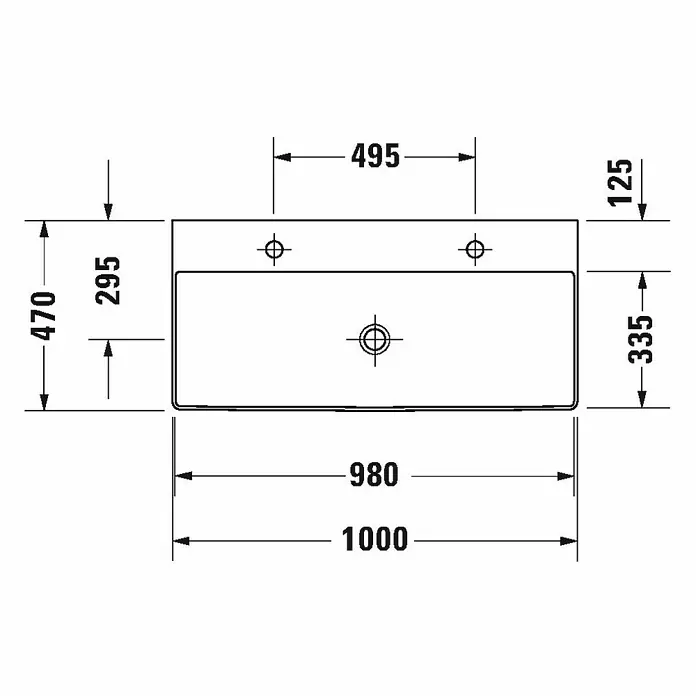 Duravit DuraSquare Doppelwaschtisch - 100 x 47 cm, Ohne Spezialglasur, Hahnloch: Mitte, Ohne Überlauf, Weiß, Ungeschliffen - Technische Zeichnung eines Waschtisches mit Maßangaben für Installation.