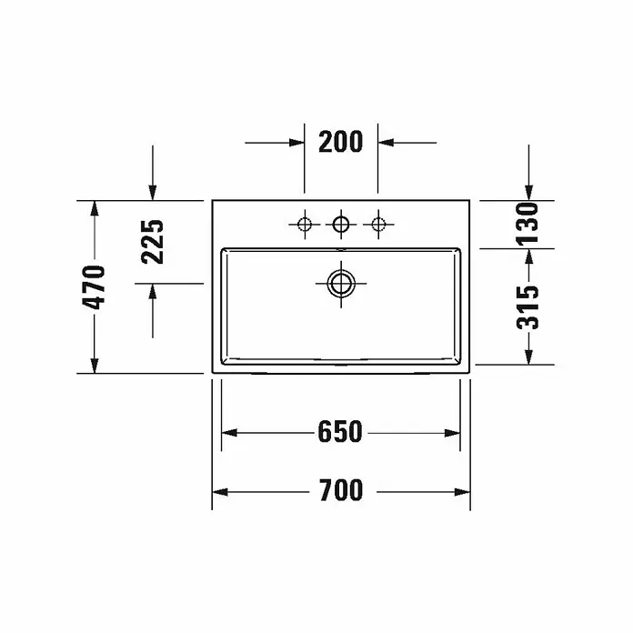 Duravit Vero Air Waschtisch - 70 x 47 cm, Ohne Spezialglasur, Hahnloch: Ohne, Mit Überlauf, Weiß, Geschliffen - Schemazeichnung eines rechteckigen Waschbeckens mit Maßangaben.