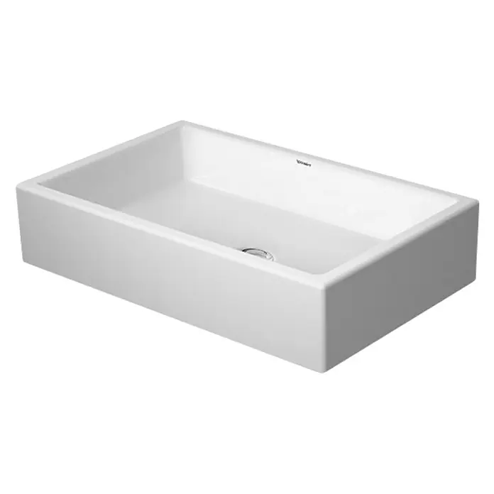 Duravit Vero Air Aufsatzwaschbecken - 60 x 38 cm, Mit schmutzabweisender Glasur, Hahnloch: Ohne, Ohne Überlauf, Weiß - Nahaufnahme eines weißen Duravit Rechteck-Aufsatzwaschtischs, der ein elegantes und minimalistisches Design für moderne Badezimmer zeigt.