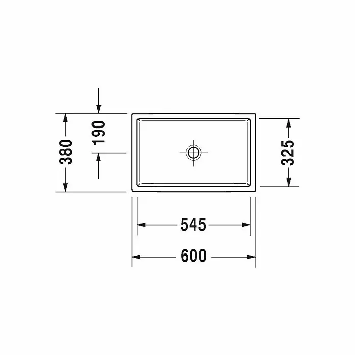 Duravit Vero Air Aufsatzwaschbecken - 60 x 38 cm, Mit schmutzabweisender Glasur, Hahnloch: Ohne, Ohne Überlauf, Weiß - Technische Zeichnung eines rechteckigen Waschbeckens mit Maßangaben für Breite, Tiefe und Position des Ablaufs.