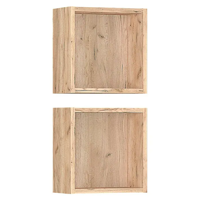 Astor Regalfach - 2 -tlg., 31 x 14,5 x 30 cm, Eiche Hell - Zwei Holzregale mit natürlicher Holzmaserung vor schwarzem Hintergrund.