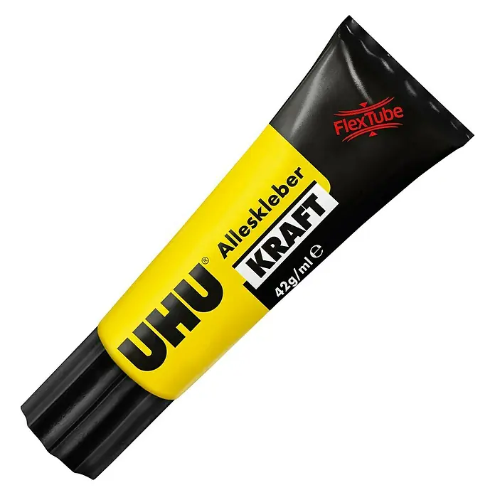 UHU Alleskleber Kraft Flex & Clean Kraft - 42 g, Flüssig, Gebrauchsfertig - Abbildung einer Tube UHU Alleskleber KRAFT mit FlexTube, gelb und schwarz, ideal für vielfältige Klebebedürfnisse im Haushalt.