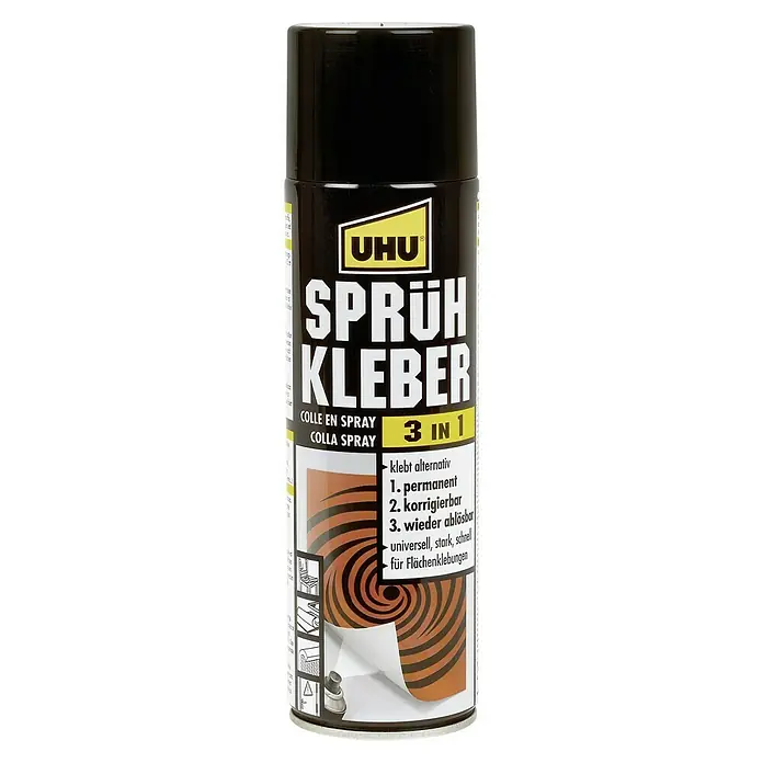 UHU Sprühkleber 3 in 1 permanent - 500 ml - Das Bild zeigt eine Sprühkleberdose von UHU, die für Flächenklebungen geeignet ist und drei verschiedene Klebearten bietet.