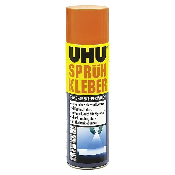 UHU Sprühkleber transparent + permanent - 500 ml - Eine Dose UHU Sprühkleber, transparent und permanent. Ideal für feine Klebstoffaufträge, Styropor und Flächenklebungen.