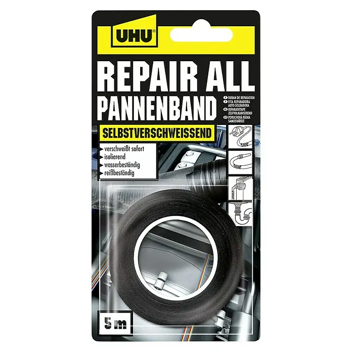 UHU Repair All Pannenband - Schwarz, 5 m x 19 mm - UHU Repair All Pannenband: Selbstverschweißendes, isolierendes und wasserbeständiges Reparatur-Klebeband für schnelle und zuverlässige Reparaturen.