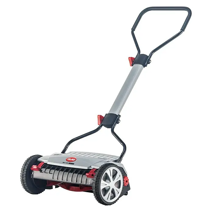 AL-KO Premium Spindelmäher Razor Cut 38.1 HM Premium - Schnittbreite: 38 cm - Das Bild zeigt einen AL-KO Rasenlüfter Vertikutierer mit einem grauen Gehäuse, schwarzen Rädern und einem verstellbaren Griff für die Gartenpflege.