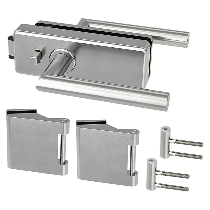 Diamond Doors Glastürbeschlag Style Premium WC - Edelstahloptik, Bandbohrung/Bänder: Office 3-teilig, WC-Schloss - Elegante Glas-Türbeschläge aus Metall für moderne Inneneinrichtungen. Ideal für stilvolle Glastüren und anspruchsvolle Designs.
