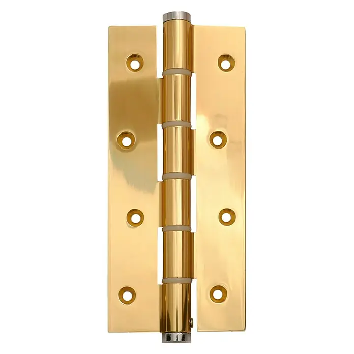 Justor Bisagra SA 180 - L x An x Al: 29 x 15,2 x 2,4 cm, Latón - Primer plano de una bisagra de puerta dorada y brillante con orificios para tornillos y uniones de cilindro visibles.