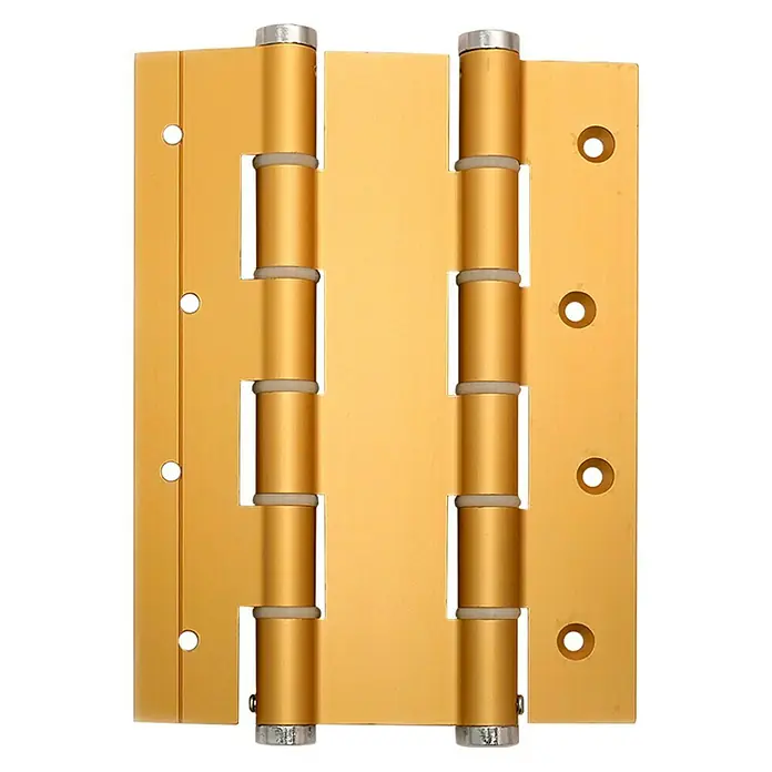 Justor Bisagra DA 180 - L x An x Al: 18 x 15,7 x 2,4 cm, Oro - Primer plano de una bisagra de puerta metálica de dos partes de color dorado, que garantiza la estabilidad y una larga vida útil.