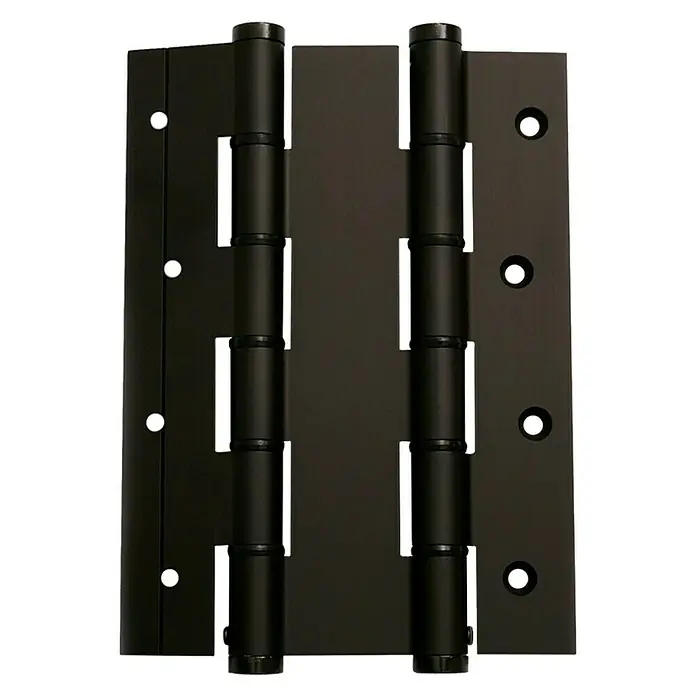 Justor Bisagra DA 180 - L x An x Al: 18 x 15,7 x 2,4 cm, Negro - Primer plano de una bisagra de puerta negra con pernos que muestra los detalles y la construcción del producto.