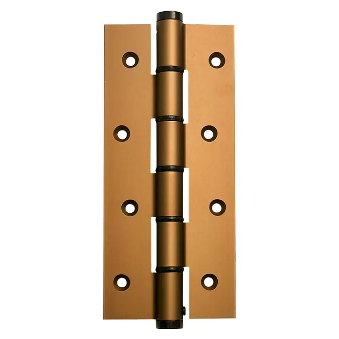 Justor Bisagra SA 180 - L x An x Al: 29 x 15,2 x 2,4 cm, Bronce - Primer plano de una bisagra de puerta metálica con cuatro orificios de montaje y un eje de bisagra.