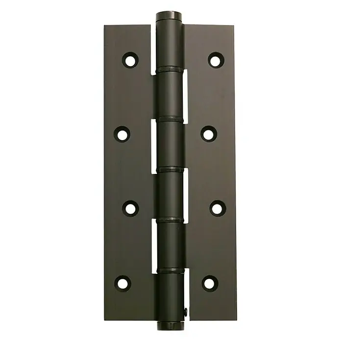 Justor Bisagra SA 180 - L x An x Al: 29 x 15,2 x 2,4 cm, Negro - Primer plano de una bisagra de puerta con acabado oscuro que destaca su construcción y sus herrajes de montaje.