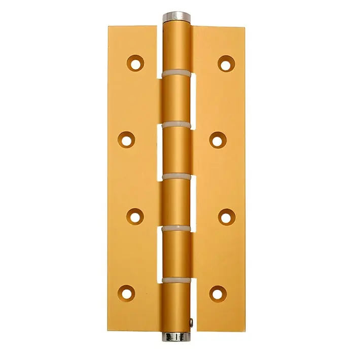 Justor Bisagra SA 180 - L x An x Al: 29 x 15,2 x 2,4 cm, Oro - Primer plano de una bisagra de puerta de color dorado que presenta cuatro nudillos y orificios de montaje sobre un fondo negro.