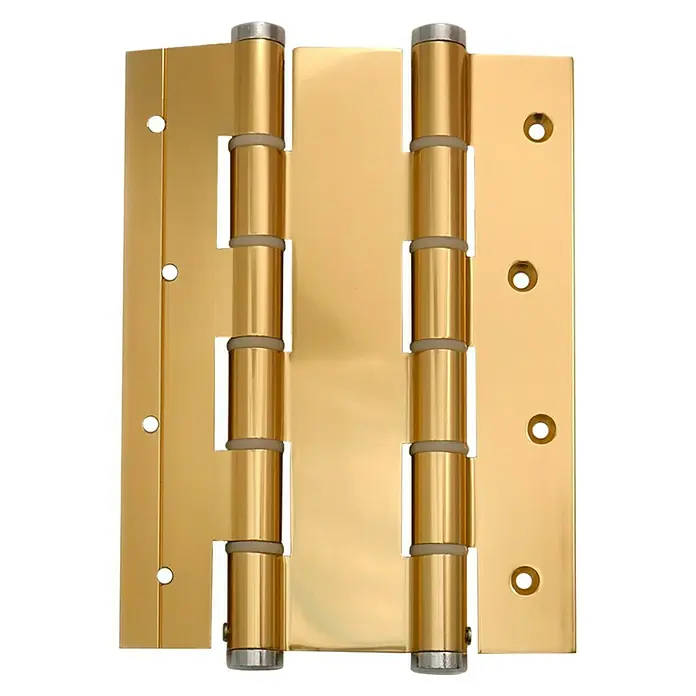 Justor Bisagra DA 180 - L x An x Al: 18 x 15,7 x 2,4 cm, Dorado brillante - Primer plano de una bisagra de puerta dorada brillante diseñada para una instalación elegante y duradera. Su acabado pulido realza su calidad.