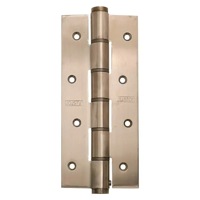 Justor Bisagra SA 180 - L x An x Al: 29 x 15,2 x 2,4 cm, Acero inoxidable - Primer plano de una robusta bisagra de puerta de acero inoxidable con la marca "Justor", conocida por su durabilidad y calidad.