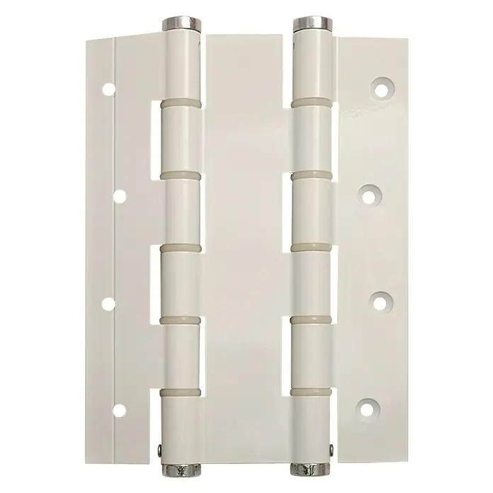 Justor Bisagra DA 180 - L x An x Al: 18 x 15,7 x 2,4 cm, Blanco - Primer plano de una bisagra de puerta blanca con tapas plateadas, conocida por su construcción robusta y fácil instalación.