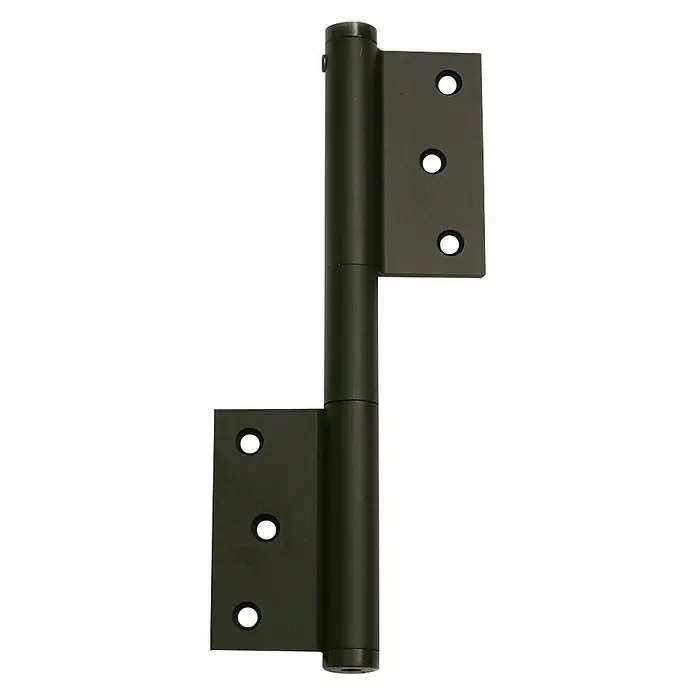 Justor Pernio bisagra MP 57 - Negro - Un detalle de una bisagra de puerta marrón, que muestra su construcción y el mecanismo de montaje en la puerta. Ideal para documentación técnica.