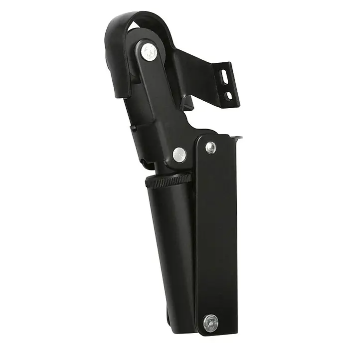 Justor Retenedor para puerta y ventana FR2 - Negro, Carga soportada: 8 kg - Primer plano de un soporte de pie ajustable negro con tornillos para sujetar un dispositivo de forma segura.