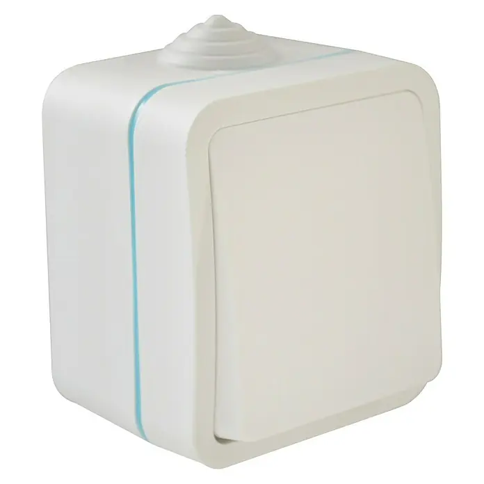 Voltomat Blueline Feuchtraum-Wechselschalter - Weiß, Aufputzmontage, IP54 - Weiße Smart-Home-Steuerung mit blauen Akzenten und Knopf oben, ideal zur intelligenten Haussteuerung.