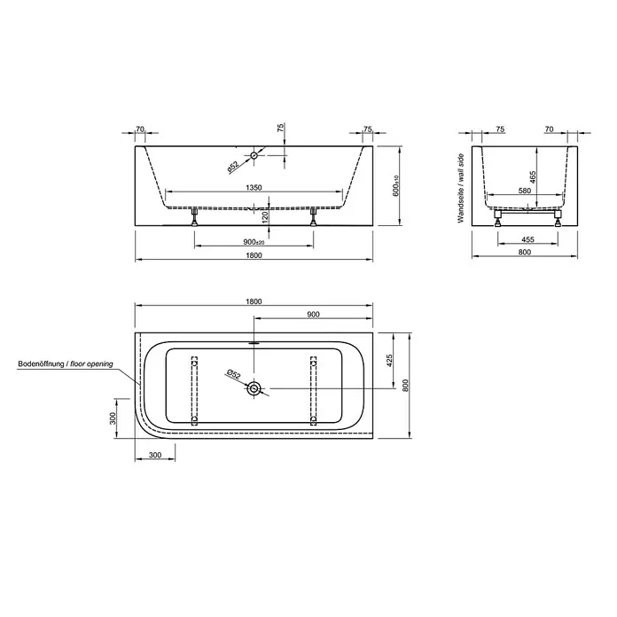Ottofond Whirlpool Bonita - 180 x 80 cm, Sanitäracryl, Weiß, Linksseitig, Inklusive Ab- und Überlaufgarnitur - Technische Zeichnung einer Badewanne mit Maßangaben für Installationen und Abmessungen des Produkts.