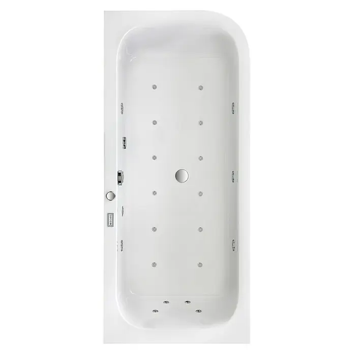 Ottofond Whirlpool Bonita - 180 x 80 cm, Sanitäracryl, Weiß, Rechtsseitig, Inklusive Ab- und Überlaufgarnitur - Top-Ansicht einer weißen Whirlpool-Badewanne mit zahlreichen Düsen, Bedienelementen und abgerundeten Ecken für ein entspannendes Badeerlebnis.