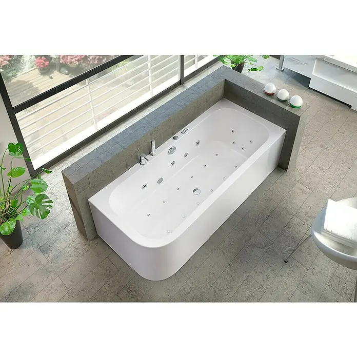 Ottofond Whirlpool Bonita - 180 x 80 cm, Sanitäracryl, Weiß, Linksseitig, Inklusive Ab- und Überlaufgarnitur mit Wassereinlauf und Wannenrandarmatur S2000 - Ein elegantes, weißes Whirlpool-Bad mit abgerundeter Ecke, eingebaut in ein modernes Badezimmer. Die perfekte Entspannungsoase.