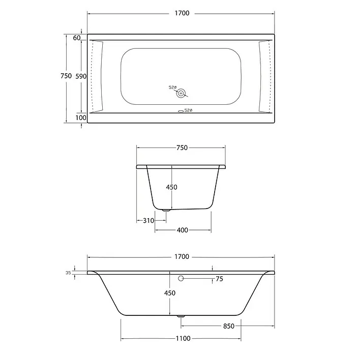 Ottofond Whirlpool Palermo - 170 x 75 cm, Sanitäracryl, Weiß, Inklusive Ab- und Überlaufgarnitur mit Wassereinlauf - Technische Zeichnung einer Badewanne mit verschiedenen Ansichten und Maßen zur Veranschaulichung der Produktabmessungen.
