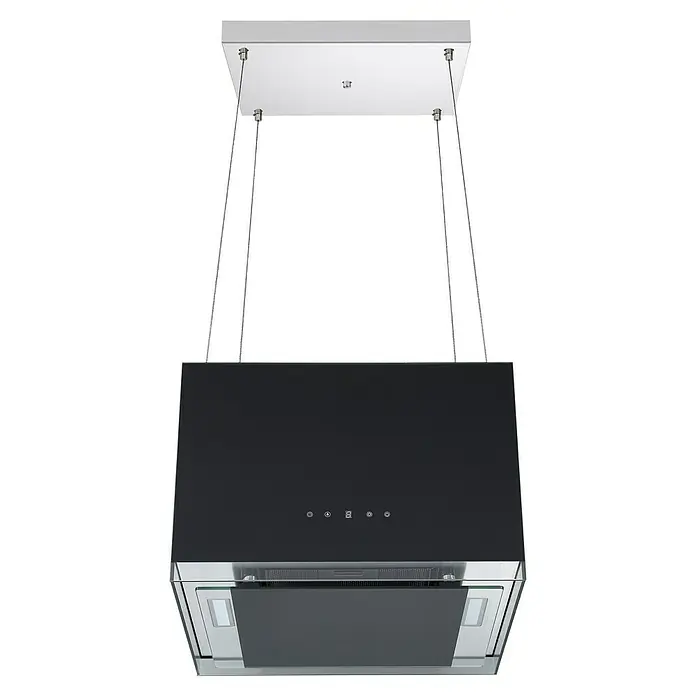 Respekta Inselhaube Centa - Breite: 50 cm, Max. Gebläseleistung Abluftbetrieb: 531,8 m³/h, Schwarz - Eine moderne, hängende Dunstabzugshaube in Schwarz und Silber, ideal für stilvolle Küchen. Elegantes Design für effektive Luftreinigung.