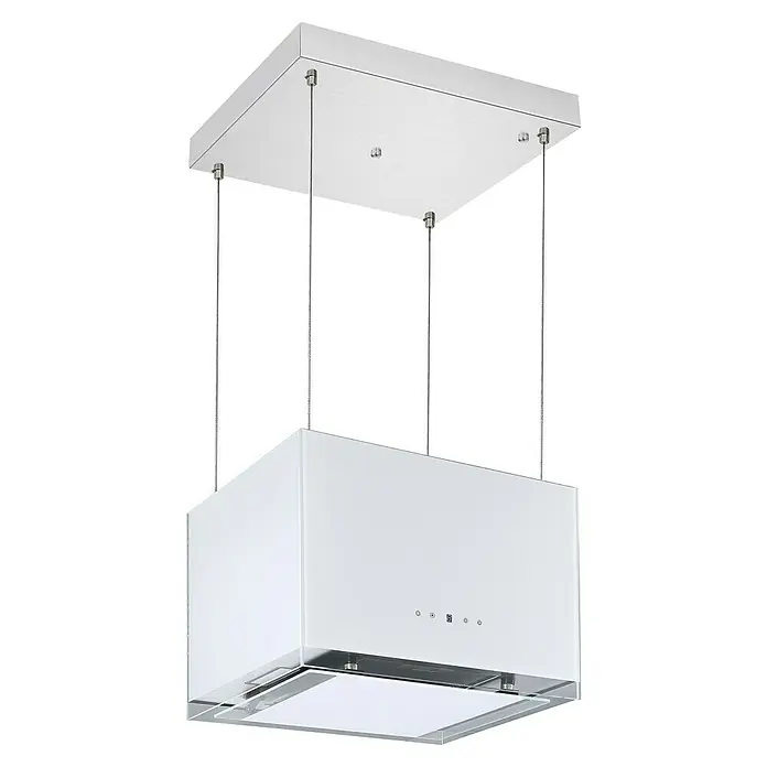 Respekta Inselhaube Centa - Breite: 50 cm, Max. Gebläseleistung Abluftbetrieb: 495,2 m³/h, Weiß - Produktaufnahme einer modernen, weißen Dunstabzugshaube mit rechteckigem Design und Edelstahlaufhängung vor schwarzem Hintergrund.