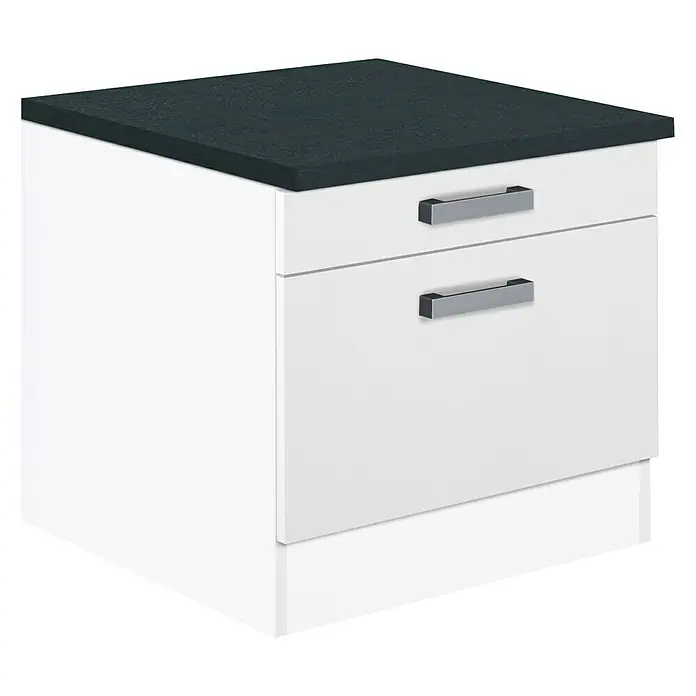 Optifit Salo214 Unterschrank - 60 x 60 x 56,8 cm, Dekor Front: Weiß - Schrank mit Schubladen. Moderner Schubladenschrank in Weiß mit dunkler Arbeitsplatte und zwei silbernen Griffen.