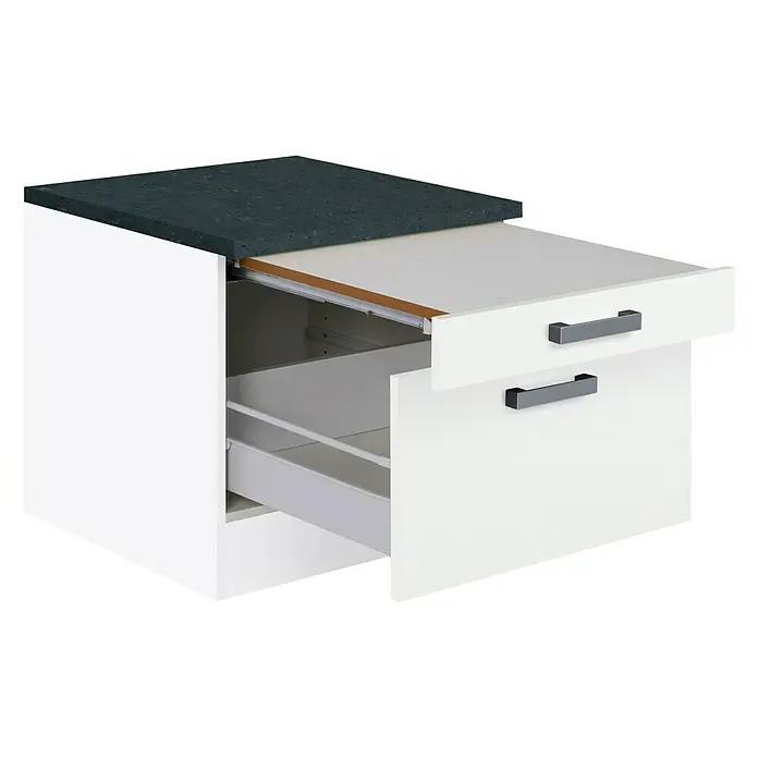 Optifit Salo214 Unterschrank - 60 x 60 x 56,8 cm, Dekor Front: Weiß - Bild eines weißen Unterschranks mit zwei Schubladen und dunkler Arbeitsplatte, wobei die obere Schublade ausgezogen ist.