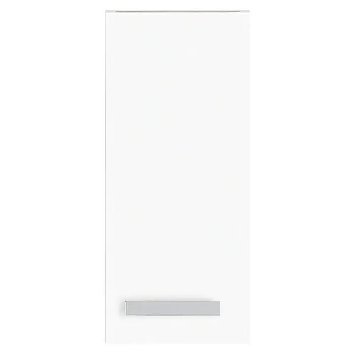 Optifit Salo214 Hängeschrank - 34,6 x 30 x 57,6 cm, Weiß - Eine Nahaufnahme einer weißen Kühlschranktür mit einem silbernen Griff. Minimalistisches Design für moderne Küchen.
