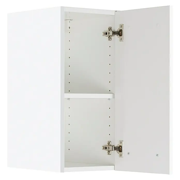 Optifit Salo214 Hängeschrank - 34,6 x 30 x 57,6 cm, Weiß - Aufnahme eines offenen weißen Küchenschranks mit verstellbaren Einlegeböden und silbernen Scharnieren.