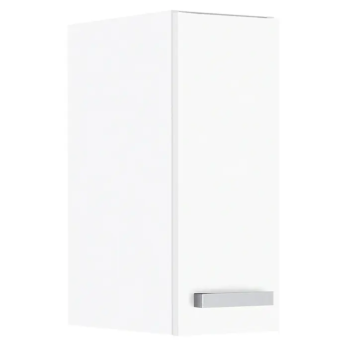 Optifit Salo214 Hängeschrank - 34,6 x 30 x 57,6 cm, Weiß - Ein weißer Küchenschrank mit einem modernen, silberfarbenen Griff, der klare Linien und eine zeitgemäße Ästhetik für die Küche bietet.
