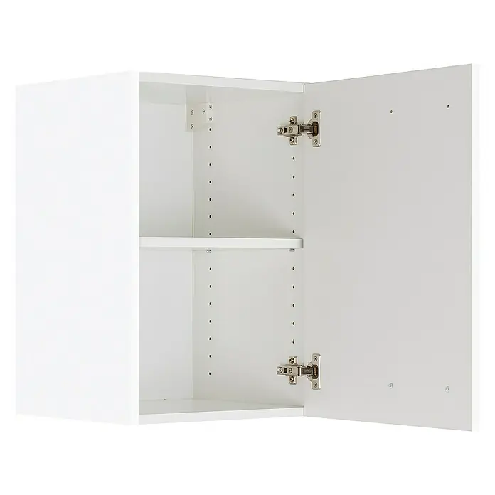 Optifit Salo214 Hängeschrank - 34,6 x 50 x 57,6 cm, Weiß - Ein weißer Hängeschrank mit offener Tür, der die Regalfächer und Scharniere zeigt. Ideal für Küche oder Bad.