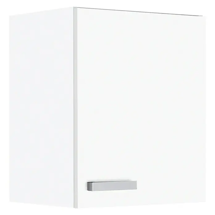 Optifit Salo214 Hängeschrank - 34,6 x 60 x 57,6 cm, Weiß - Hier ist ein weißer Hängeschrank mit einem silbernen Griff. Der Schrank ist schlicht und modern gestaltet.