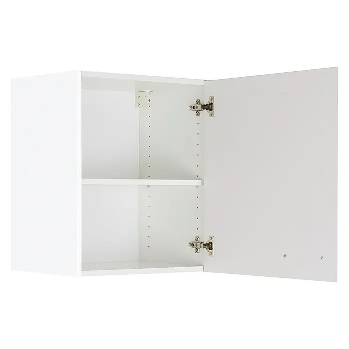 Optifit Salo214 Hängeschrank - 34,6 x 60 x 57,6 cm, Weiß - Ein offener, weißer Küchenschrank mit Einlegeboden und sichtbaren Scharnieren, perfekt für die moderne Kücheneinrichtung.